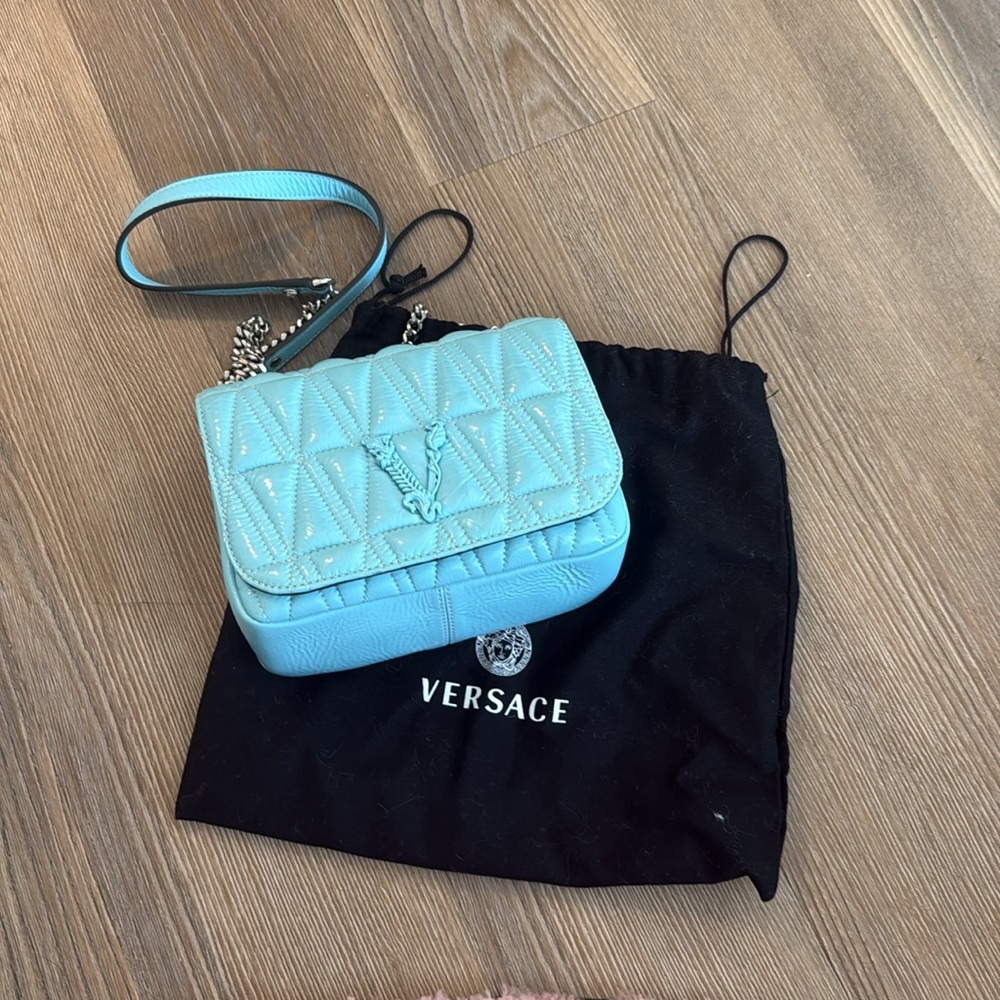 NWOT Versace Teal Quilted Patent Leather Virtus Crossbody Bag